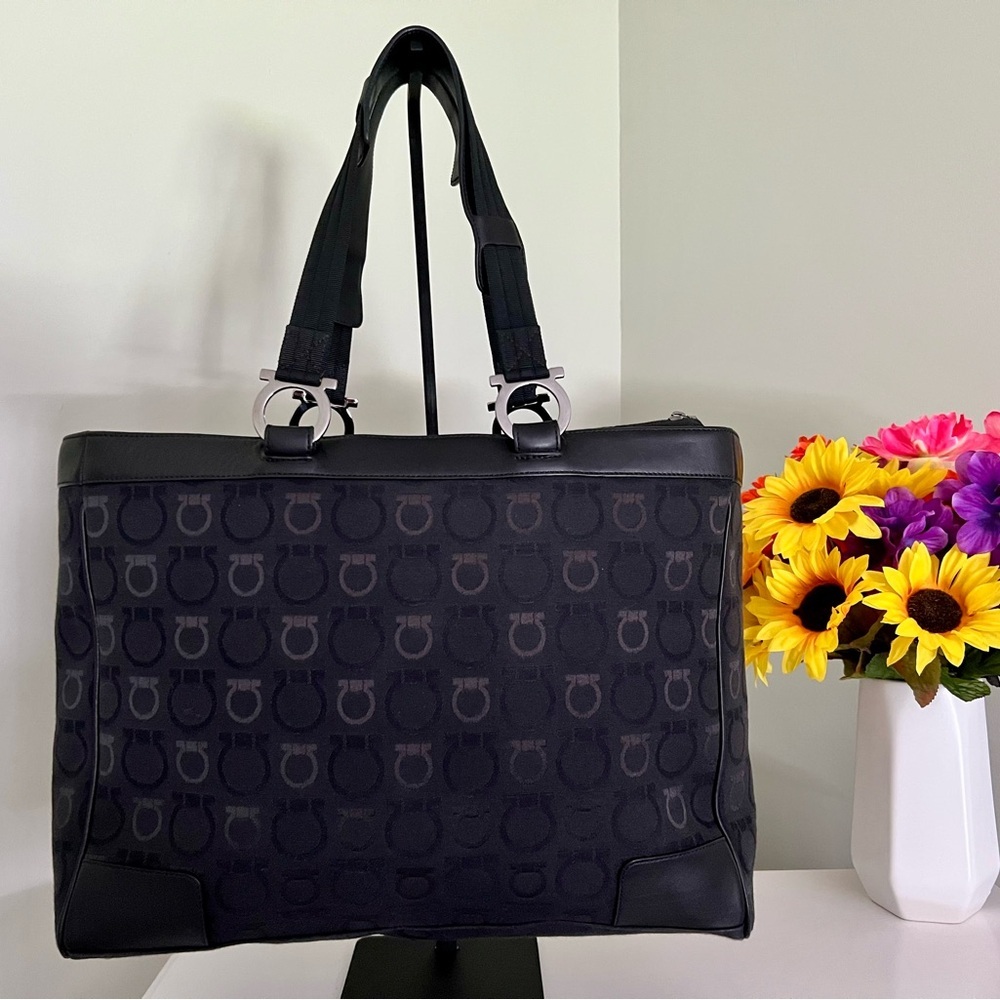 EUC Salvatore Ferragamo Black Canvas Tote Bag with Leather Trim - Picture 3 of 16